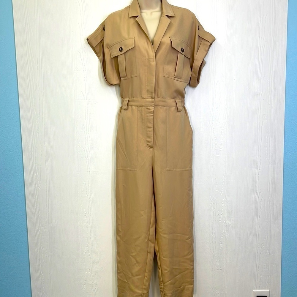 H&M - Beige Short Sleeve Brown Button Up And Zipper Long Pant Jumper Size 4